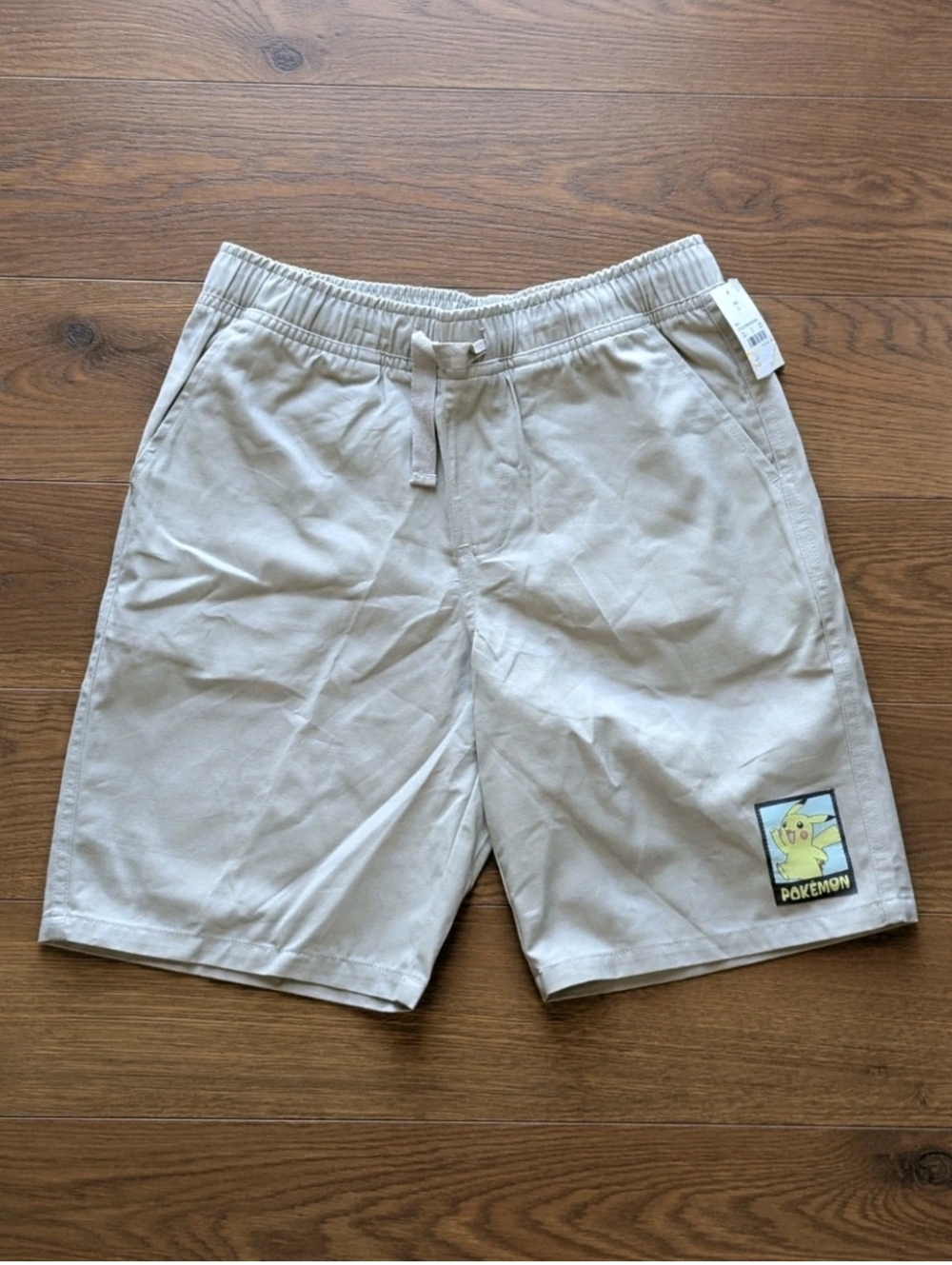 Pokemon Woven Pull On Shorts Pikachu Patch Beige Boys Large NWT